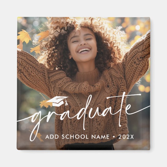 Elegant script & cap photo graduation year school magnet (Front)