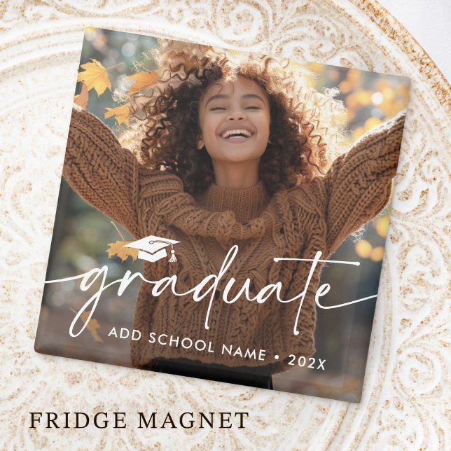 Elegant script & cap photo graduation year school magnet (Elegant script & cap photo graduation year school magnet)