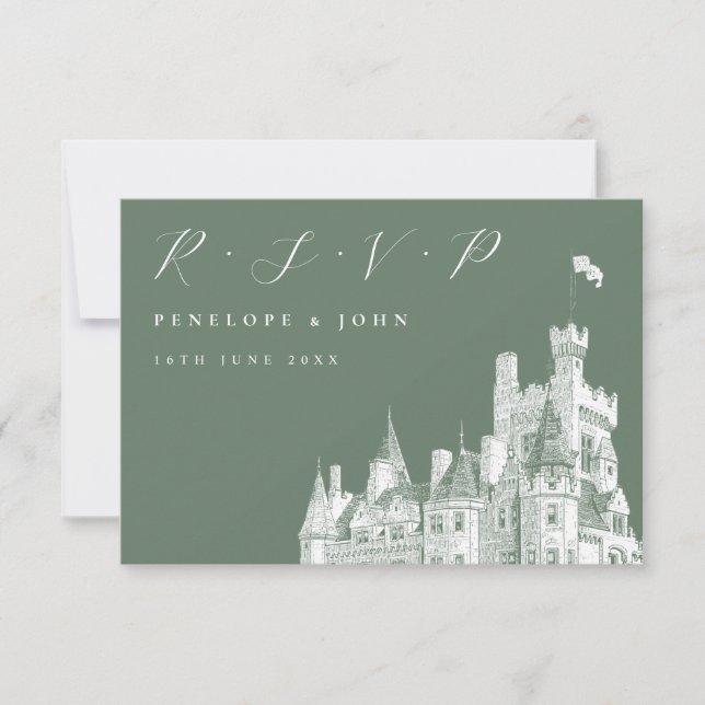 Elegant Script Castle Sage Green Wedding RSVP Card (Front)