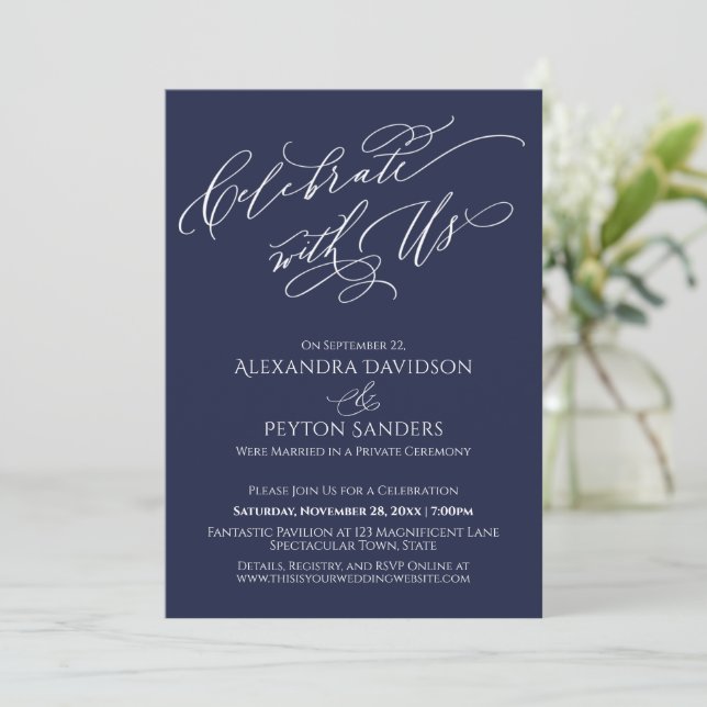 Elegant Script Celebrate with Us Navy Reception Invitation (Standing Front)
