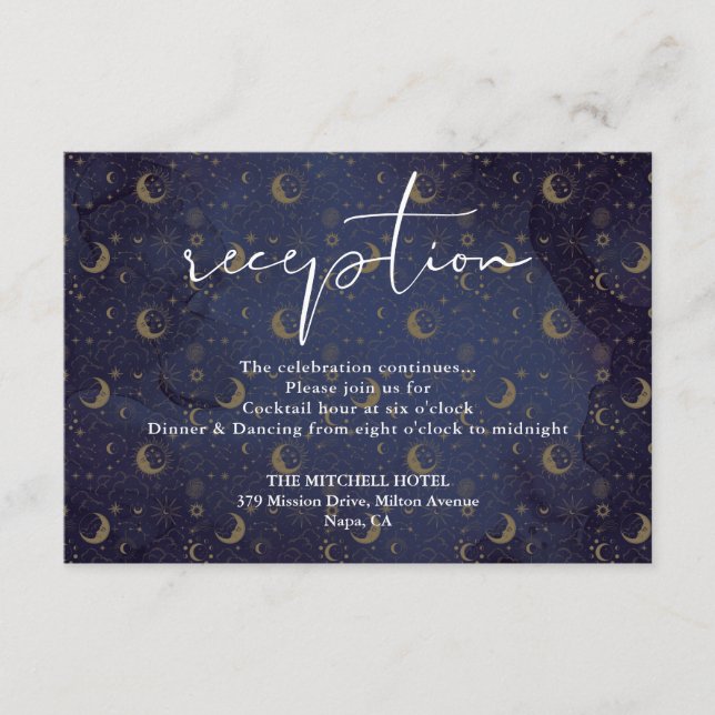 Elegant Script Celestial Wedding Reception Enclosure Card (Front)