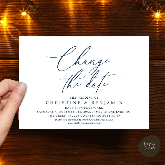 Elegant Script Change the Date Wedding Postpone  Invitation (Elegant Script Change the Date Wedding Postponement Invitation Card in Navy Blue)