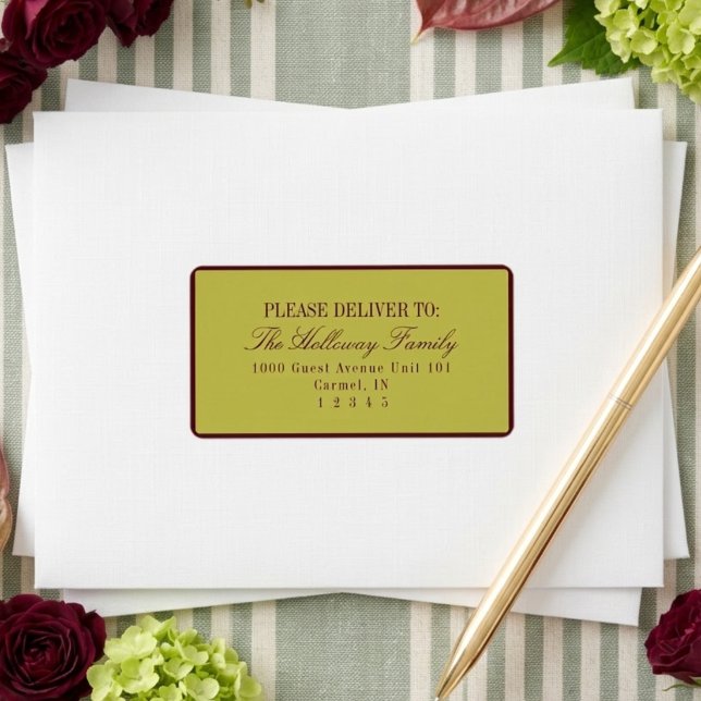 Elegant Script Chartreuse Burgundy Formal Wedding Label (Elegant Script Chartreuse Burgundy Formal Wedding Label)