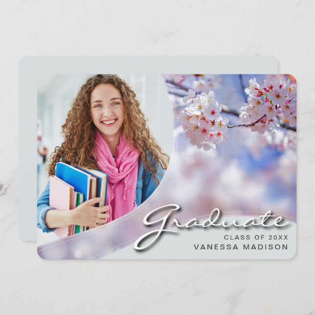 Elegant Script Cherry Blossom | Modern Photo Grad  Announcement (Front/Back)