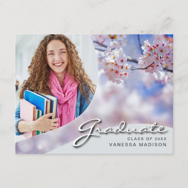 Elegant Script Cherry Blossom | Modern Photo Grad Postcard (Front)