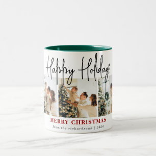 Elegant Script Christmas Family Photo Collage Two-Tone Coffee Mug