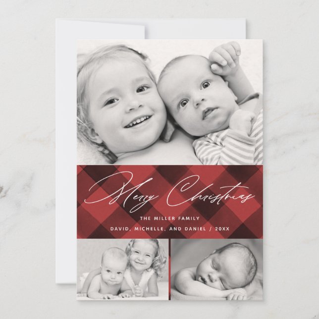 Elegant Script Christmas Plaid 3 Photo Collage Holiday Card (Front)
