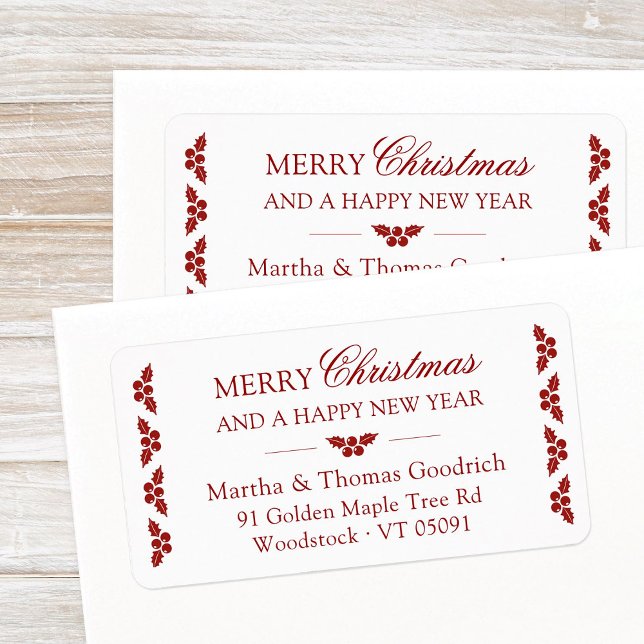 Elegant Script Christmas Red Holly Return Address Label (Elegant script, red and white Merry Christmas return address label with Holly, Ilex design elements.)