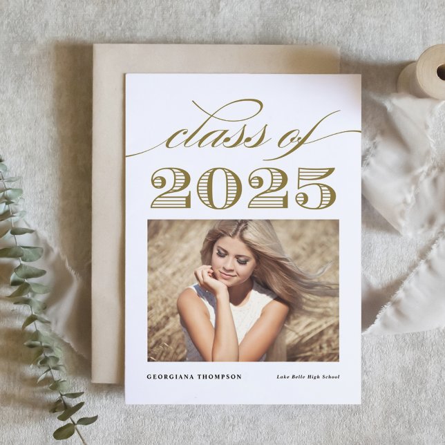 Elegant Script Class of 2016 Gold Graduation Announcement (Customizable photo graduation announcement featuring elegant script and vintage typography.)