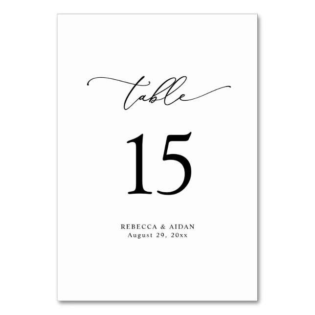 Elegant Script Classic Black & White Wedding Table Number (Front)