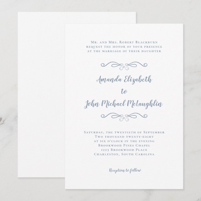 Elegant Script Classic Formal Wedding Dusty Blue Invitation (Front/Back)