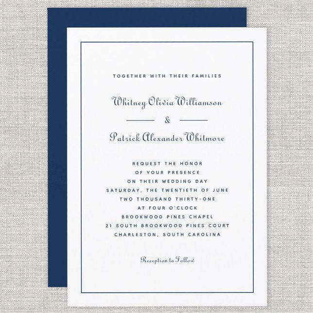 Elegant Script Classic Navy White Formal Weddings  Invitation (Elegant Script Classic Navy White Formal Weddings Invitation)