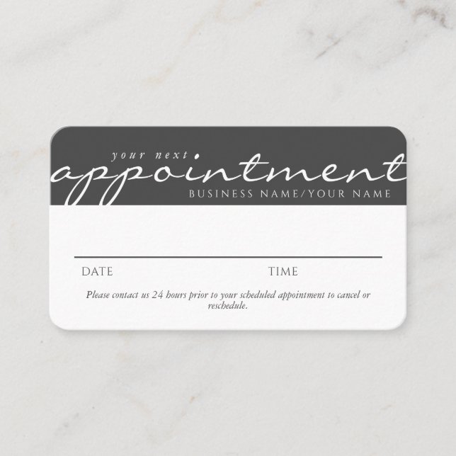 Elegant Script Colour Block Grey Appointment Business Card (Front)