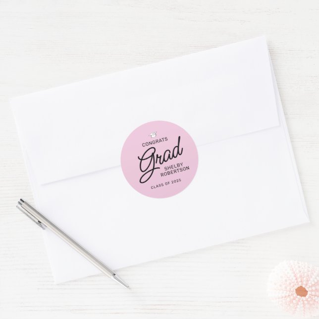 Elegant Script Congrats Grad Graduation Party Classic Round Sticker (Envelope)