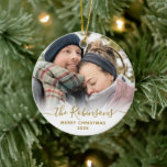 Elegant Script Couple Name Photo Merry Christmas   Ceramic Ornament<br><div class="desc">Elegant Modern Gold White Hand Lettered Script "Couple Name" Merry Christmas Photo Ornament. Features a family photo, "Couple Name" calligraphy text in handwritten script, with Merry Christmas text and year photo overlay (in gold and white). Easy to personalise it. Photo tip: crop your photo to square form before upload it....</div>