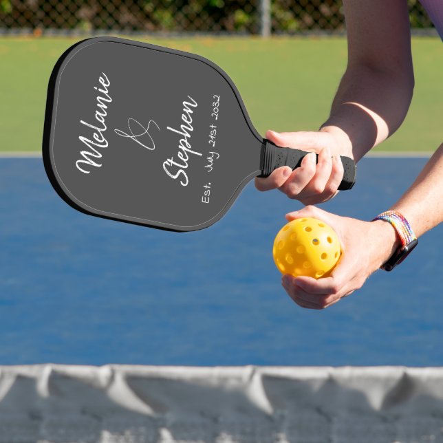 Elegant Script Couple Names Date Typography Grey Pickleball Paddle (Insitu)