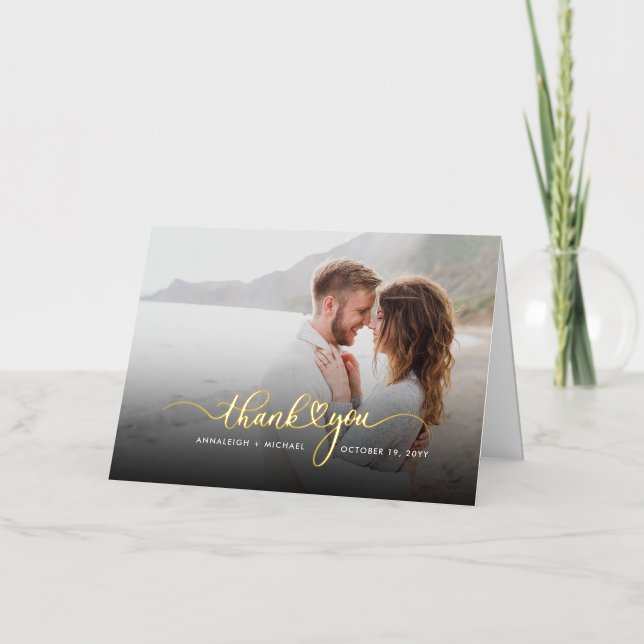 Elegant Script Couple Photo Wedding Thank You Gold Foil Greeting Card (Front)