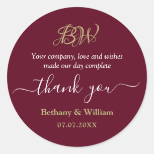 Elegant Script Couples Monogram Thank You Favour  Classic Round Sticker