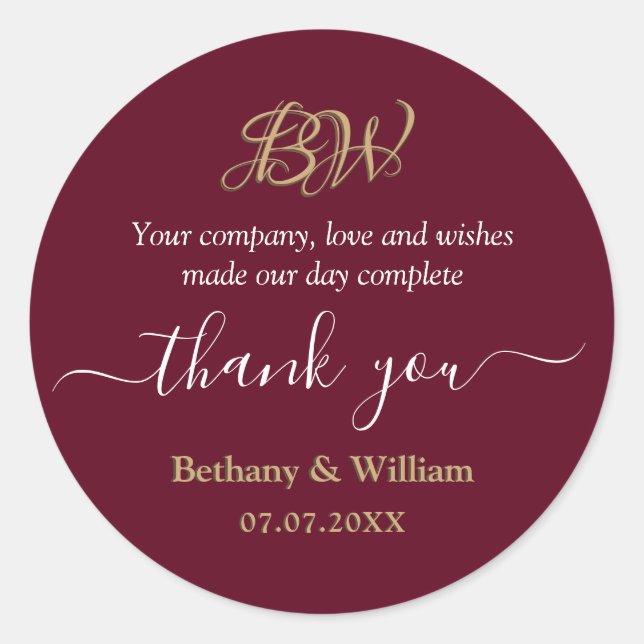 Elegant Script Couples Monogram Thank You Favour  Classic Round Sticker (Front)