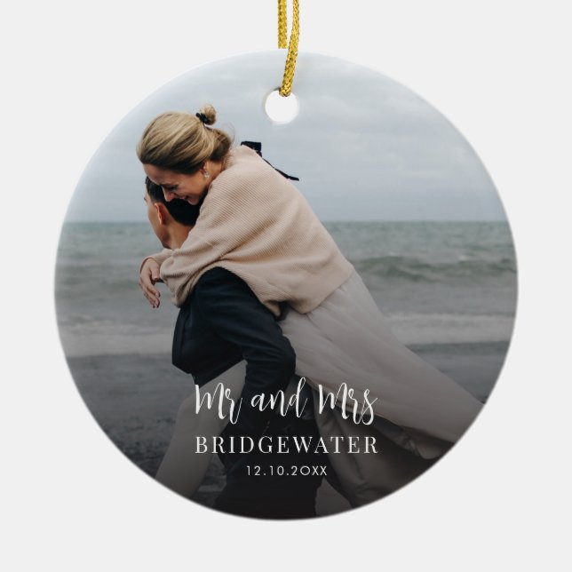 Elegant Script Couples Photo Minimalist Christmas Ceramic Ornament (Front)