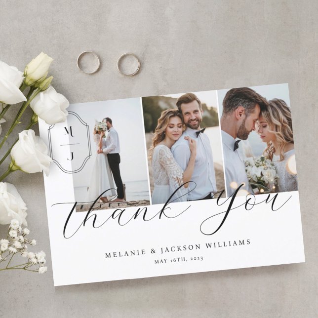 Elegant Script Custom Monogram Wedding 3 Photo Thank You Card (Creator Uploaded)