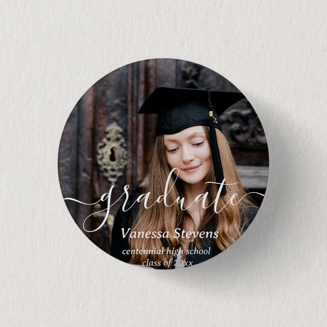 Elegant Script Custom Photo Graduation  3 Cm Round Badge (Front)