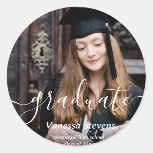 Elegant Script Custom Photo Graduation  Classic Round Sticker