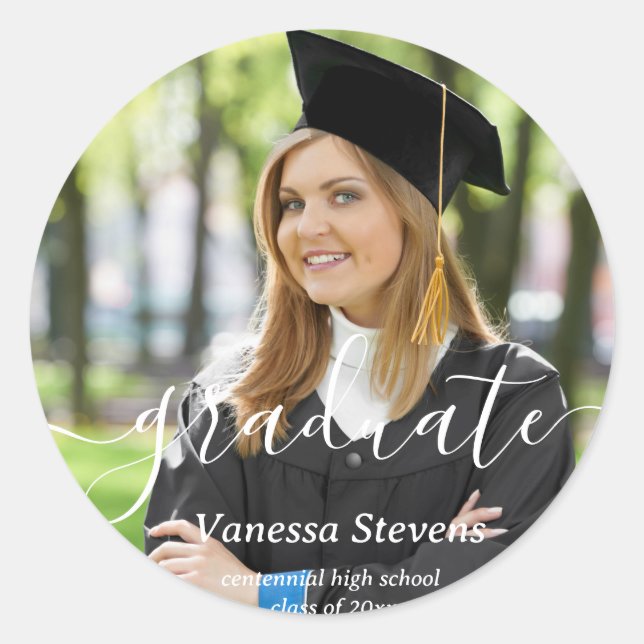 Elegant Script Custom Photo Graduation  Classic Round Sticker (Front)