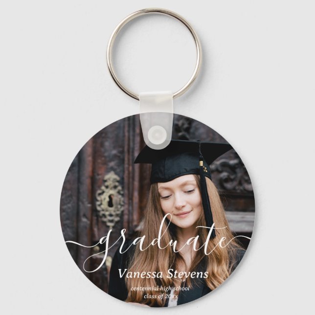 Elegant Script Custom Photo Graduation  Key Ring (Front)
