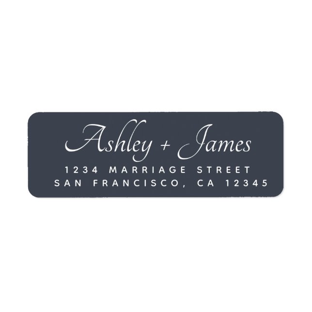 Elegant Script Dark Blue Wedding Return Address Label (Front)