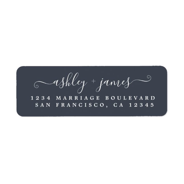 Elegant Script Dark Blue Wedding Return Address Label (Front)
