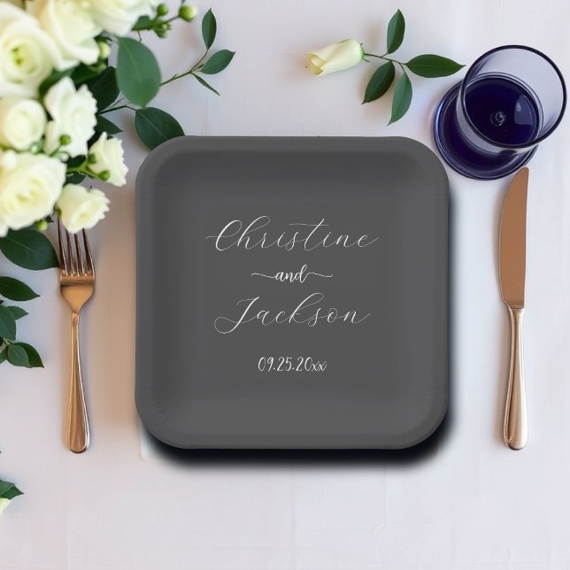 Elegant Script Dark Grey Wedding Paper Plate (Creator Uploaded)