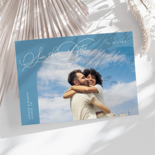 Elegant Script Denim Blue Curved Frame Photo Save The Date