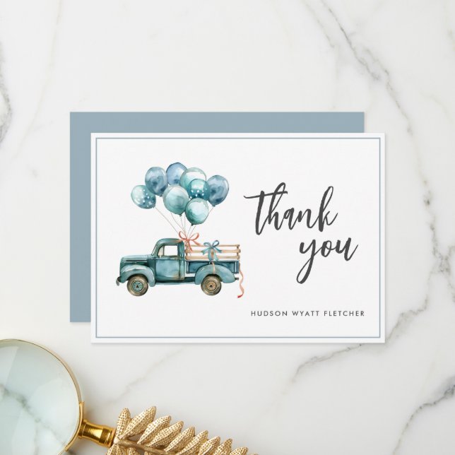 Elegant Script Dusty Blue Baby Boy Thank You Card (Front/Back In Situ)