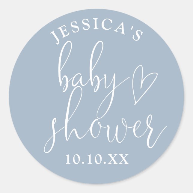 Elegant Script Dusty Blue Baby Shower Favour Classic Round Sticker (Front)