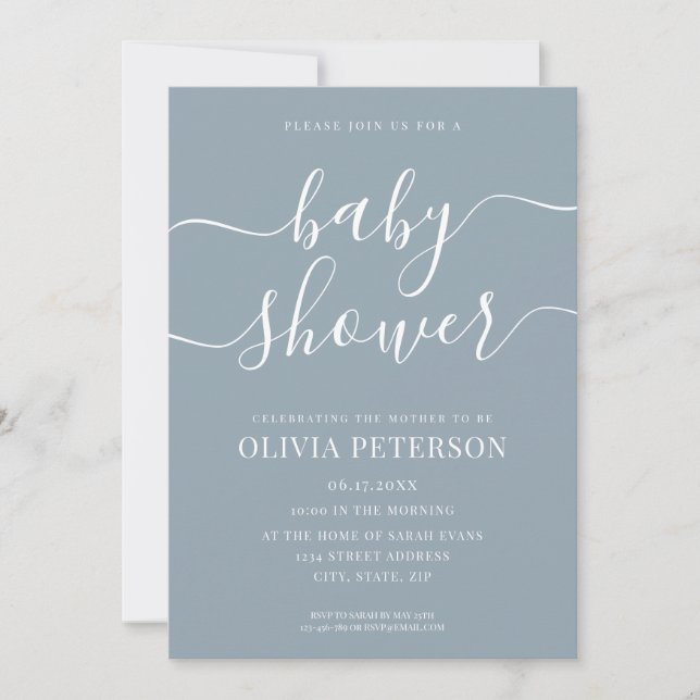 Elegant Script Dusty Blue Baby Shower Invitation (Front)