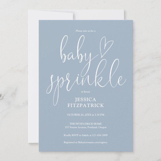 Elegant Script Dusty Blue Baby Sprinkle Shower Invitation (Front)