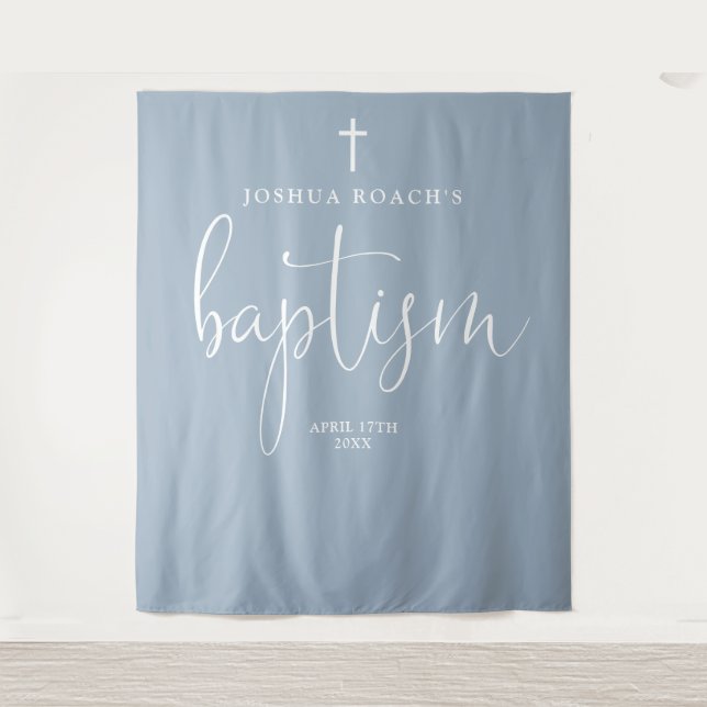 Elegant Script Dusty Blue Baptism Photo Backdrop Tapestry (Front)