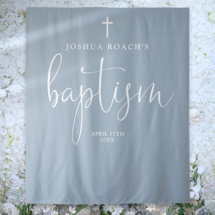 Elegant Script Dusty Blue Baptism Photo Backdrop Tapestry