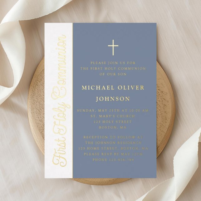 Elegant Script Dusty Blue Boy First Communion Gold (Elegant Script Dusty Blue Boy First Communion Gold Foil Invitation)