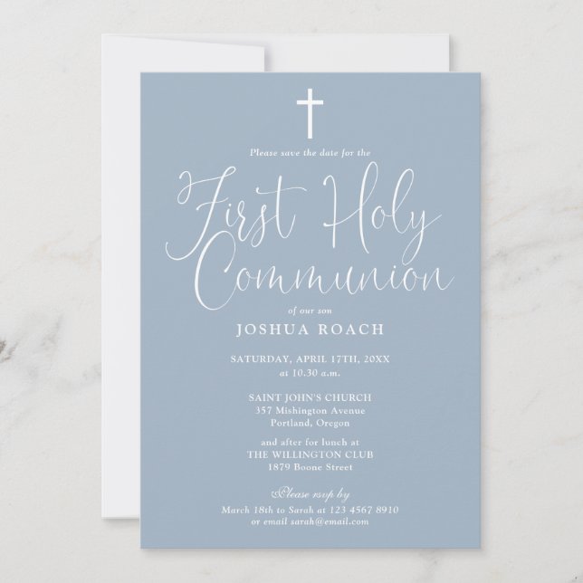 Elegant Script Dusty Blue First Holy Communion Save The Date (Front)