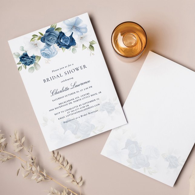 Elegant Script Dusty Blue Floral Bridal Shower Invitation (Dusty Blue Floral Modern Bridal Shower Invitation)