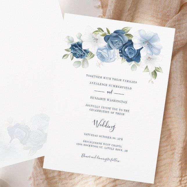 Elegant Script Dusty Blue Floral Wedding Invitation (Elegant Script Dusty Blue Floral Wedding Invitation)