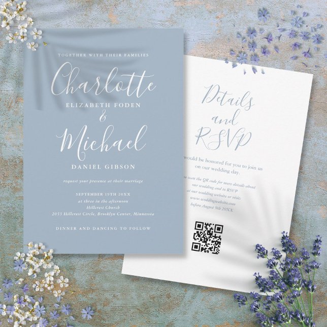 Elegant Script Dusty Blue Modern QR Code Wedding Invitation (Elegant Script Dusty Blue Modern QR Code Wedding Invitation)