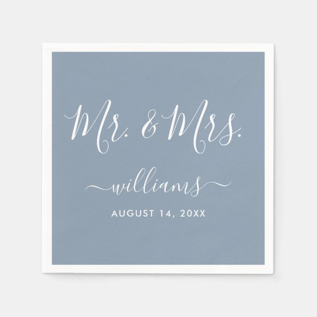Elegant Script Dusty Blue Mr. and Mrs. Napkin (Front)