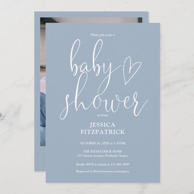 Elegant Script Dusty Blue Photo Baby Shower Invitation (Front/Back)