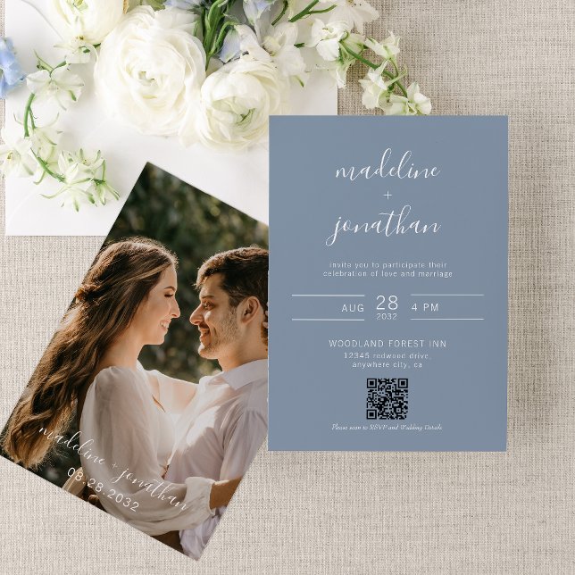 Elegant Script Dusty Blue Photo QR Code Wedding  Invitation (Creator Uploaded)