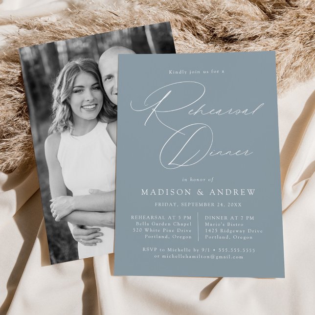 Elegant Script Dusty Blue Photo Rehearsal Dinner Invitation (Creator Uploaded)