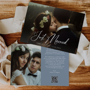 Elegant Script Dusty Blue QR Code Just Married Invitation
