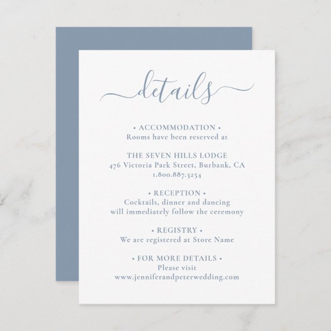 Elegant Script Dusty Blue Wedding Details Enclosure Card (Front/Back)